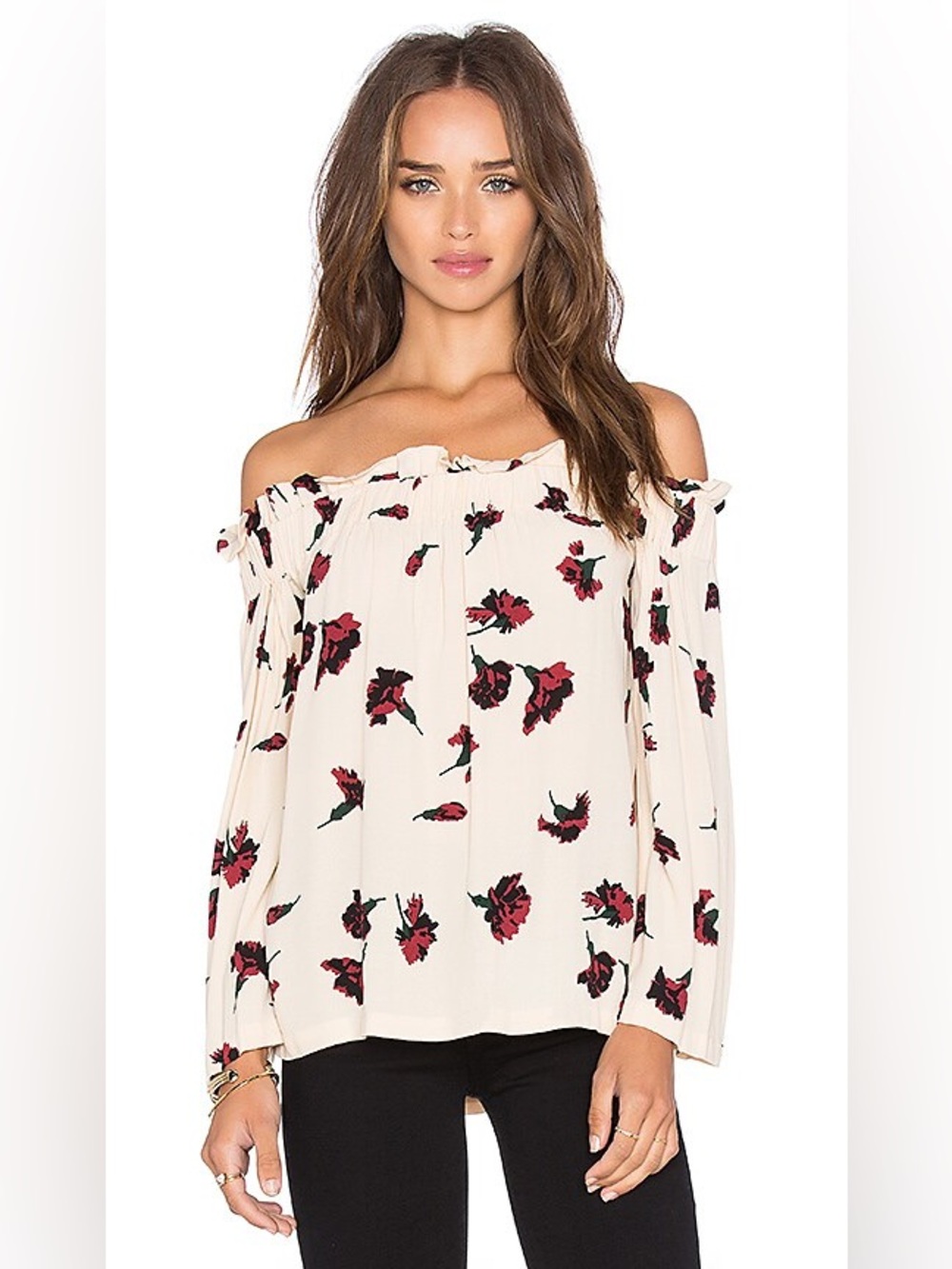 ganni jones crepe red carnation off the shoulder long sleeve top